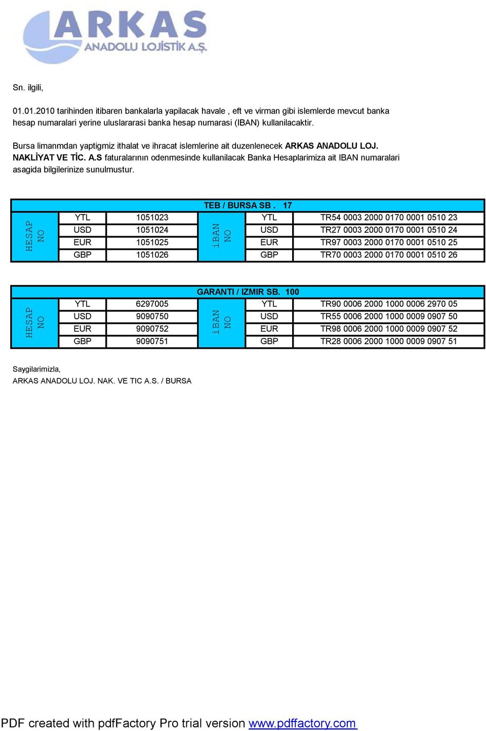 0510 25 GBP 1051026 GBP TR70 0003 2000 0170 0001 0510 26 GARANTI / IZMIR SB.