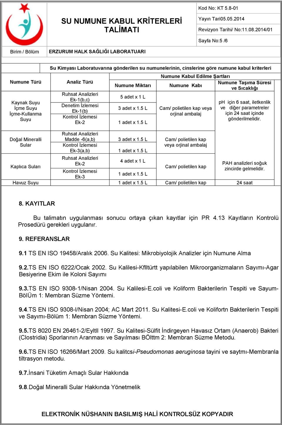 5 L Numune Kabul Edilme ġartları Numune TaĢıma Süresi Numune Kabı ve Sıcaklığı Cam/ polietilen kap veya orjinal ambalaj ph için 6 saat, iletkenlik ve diğer parametreler için 24 saat içinde