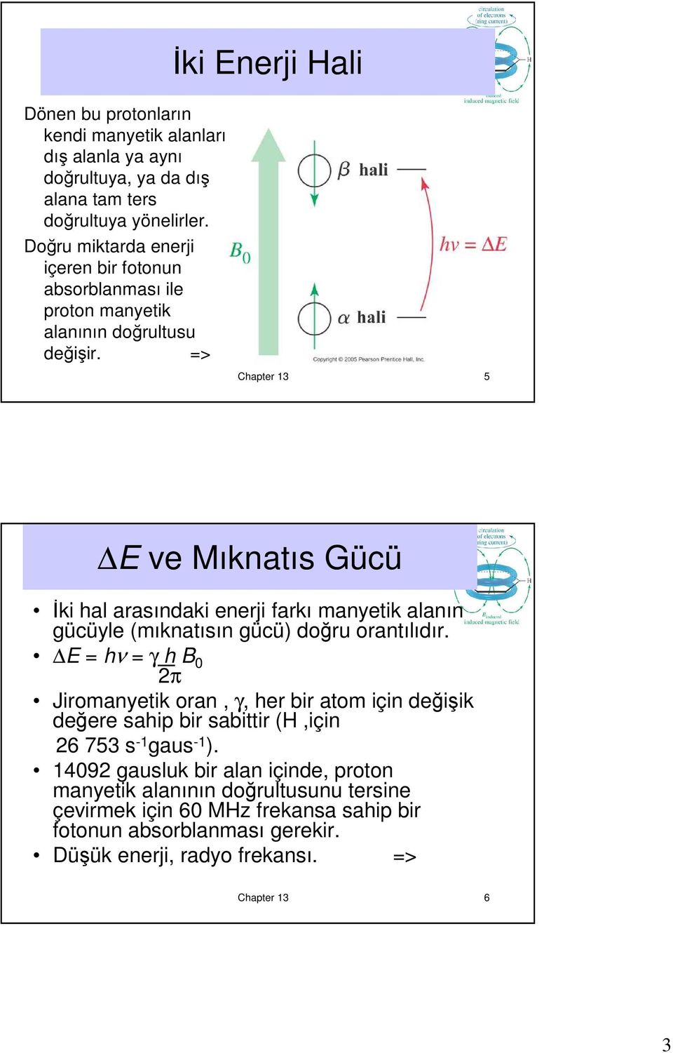 Chapter 13 5 E ve Mıknatıs Gücü Đki hal arasındaki enerji farkı manyetik alanın gücüyle (mıknatısın gücü) doğru orantılıdır.