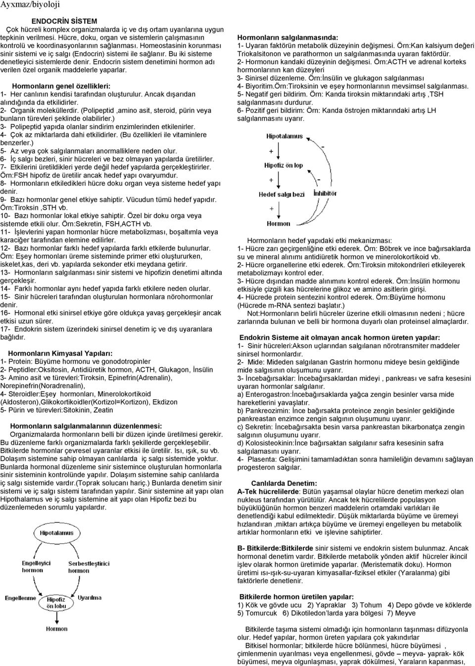 Endocrin sistem denetimini hormon adı verilen özel organik maddelerle yaparlar. Hormonların genel özellikleri: 1- Her canlının kendisi tarafından oluşturulur.