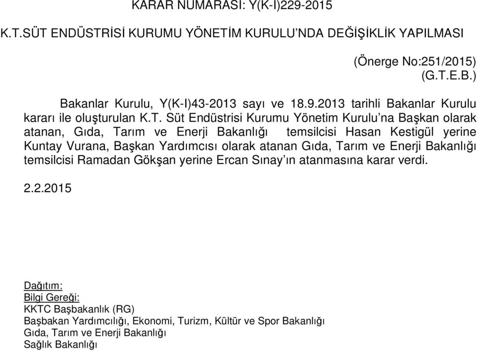 Süt Endüstrisi Kurumu Yönetim Kurulu na Başkan olarak atanan, Gıda, Tarım ve Enerji Bakanlığı temsilcisi Hasan Kestigül yerine Kuntay Vurana, Başkan