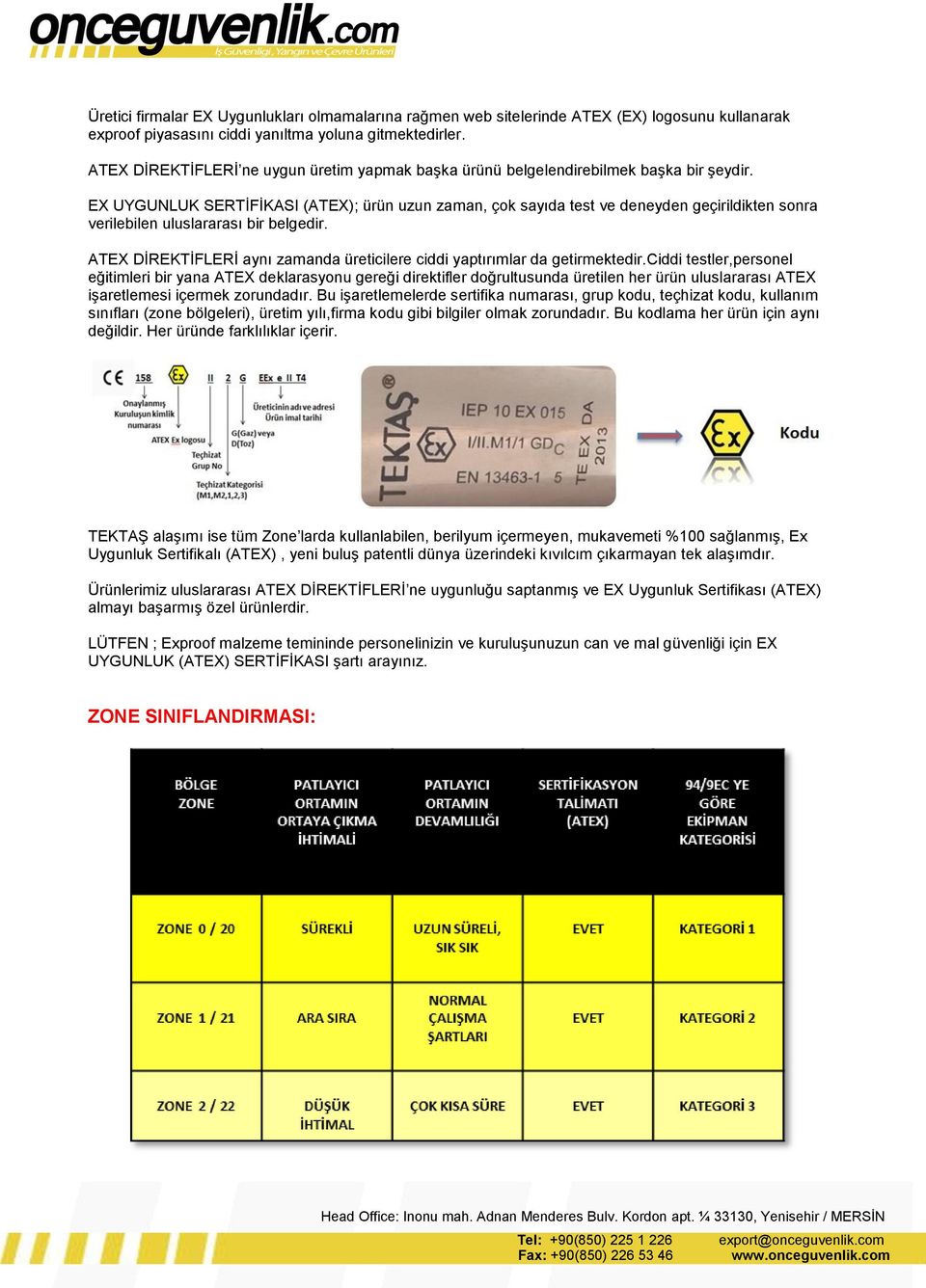 EX UYGUNLUK SERTİFİKASI (ATEX); ürün uzun zaman, çok sayıda test ve deneyden geçirildikten sonra verilebilen uluslararası bir belgedir.