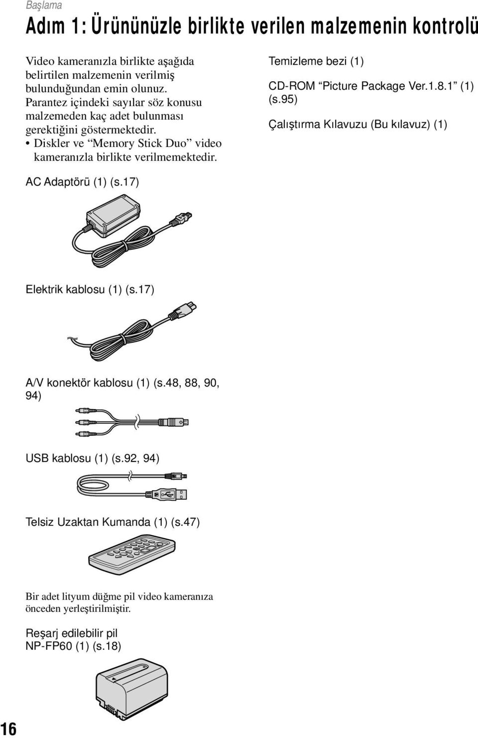 Temizleme bezi (1) CD-ROM Picture Package Ver.1.8.1 (1) (s.95) Çalıştırma Kılavuzu (Bu kılavuz) (1) AC Adaptörü (1) (s.17) Elektrik kablosu (1) (s.