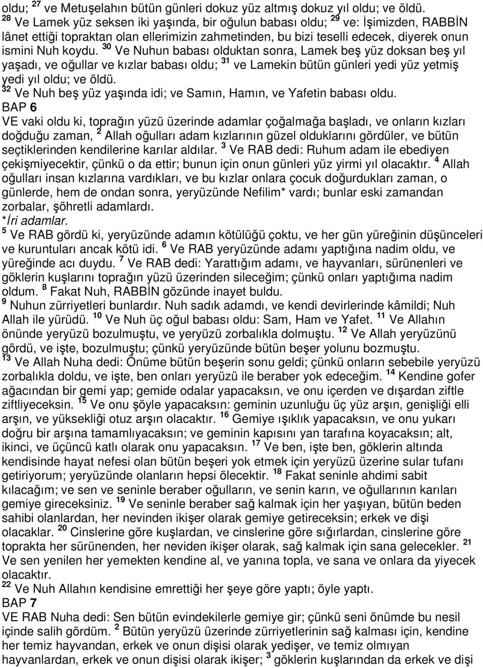 30 Ve Nuhun babası olduktan sonra, Lamek beş yüz doksan beş yıl yaşadı, ve oğullar ve kızlar babası oldu; 31 ve Lamekin bütün günleri yedi yüz yetmiş yedi yıl oldu; ve öldü.