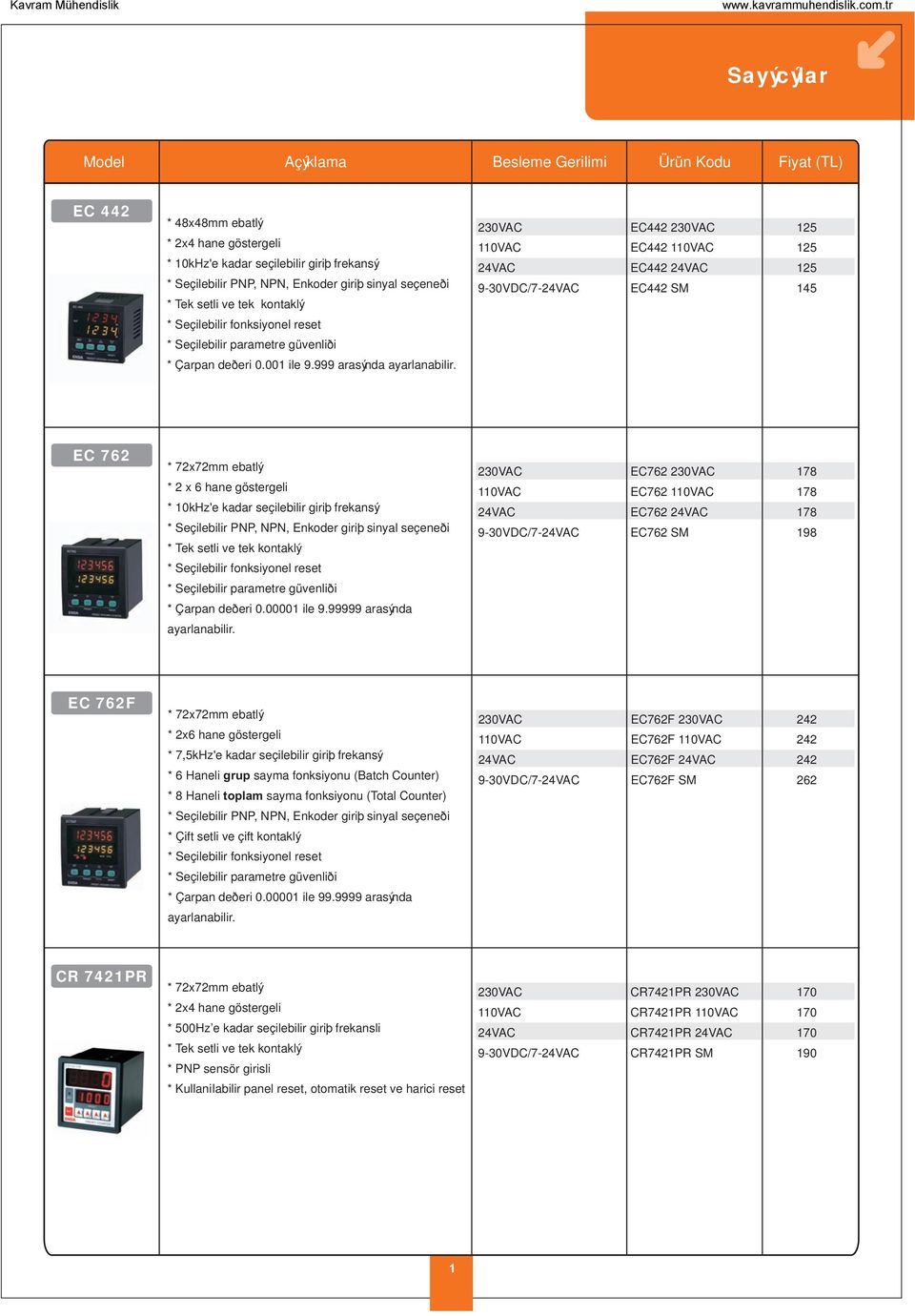 EC 762 * mm ebatlý * 2 x 6 hane göstergeli * 10kHz'e kadar seçilebilir giriþ frekansý * Seçilebilir PNP, NPN, Enkoder giriþ sinyal seçeneði * Tek setli ve tek kontaklý EC762 EC762 EC762 EC762 SM 178