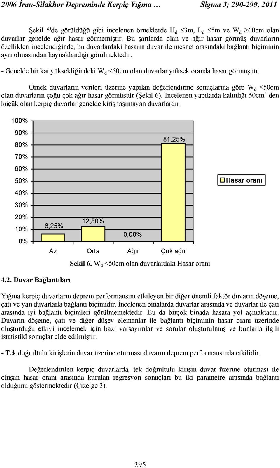 - Genelde bir kat yüksekliğindeki W d <50cm olan duvarlar yüksek oranda hasar görmüştür.