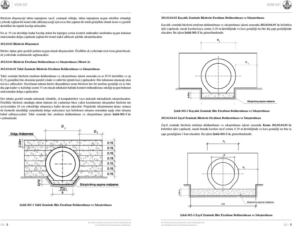 En az 30 cm derinliğe kadar kazılıp atılan bu toprağın yerine kontrol mühendisi tarafından uygun bulunan malzemeden dolgu yapılarak sağlam bir temel teşkil edilecek şekilde sıkıştırılacaktır. 302.03.