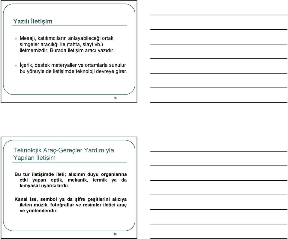 28 Teknolojik Araç-Gereçler Yardımıyla Yapılan İletişim Bu tür iletişimde ileti; alıcının duyu organlarına etki yapan optik, mekanik,