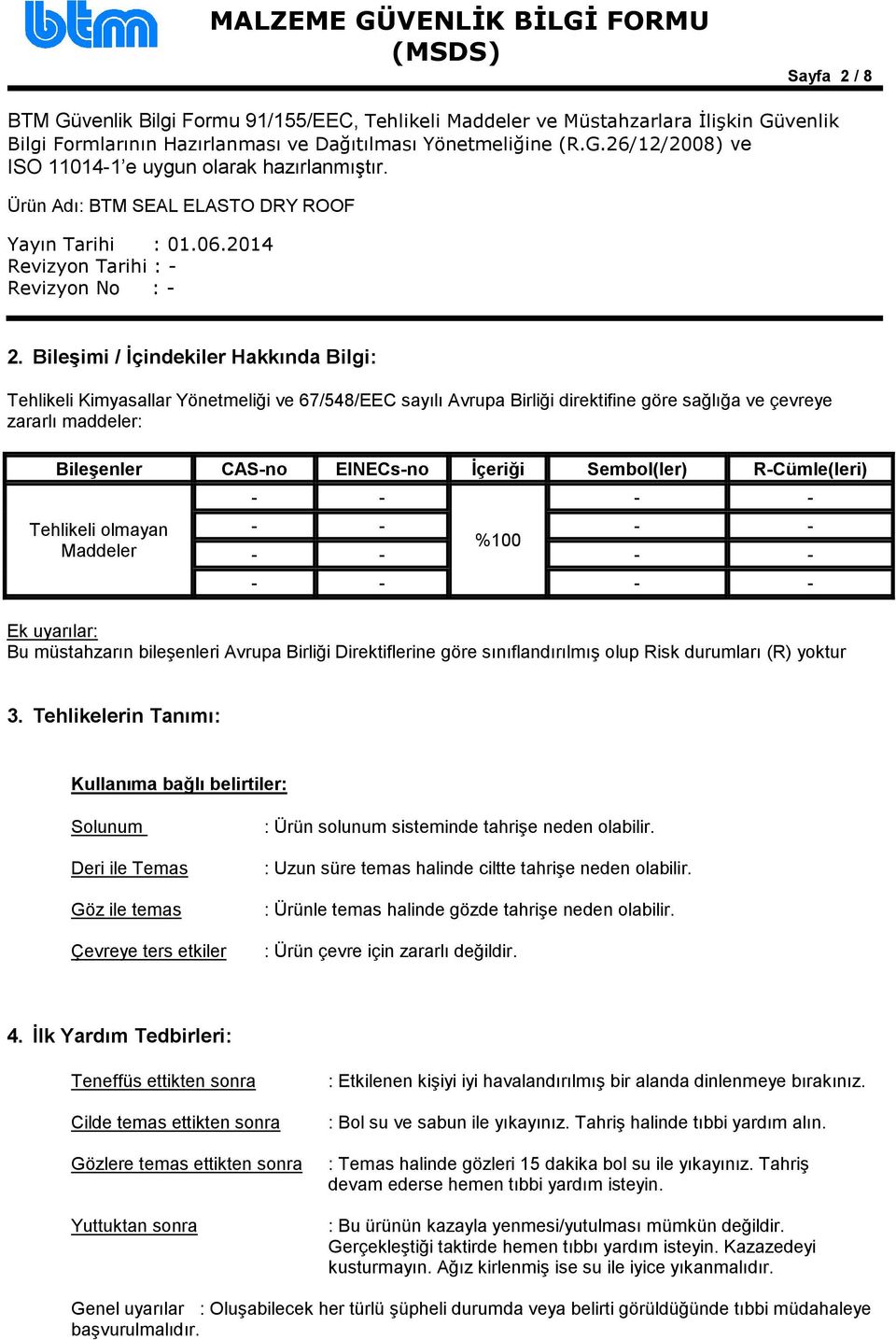 Sembol(ler) R-Cümle(leri) Tehlikeli olmayan Maddeler - - - - - - - - %100 - - - - - - - - Ek uyarılar: Bu müstahzarın bileşenleri Avrupa Birliği Direktiflerine göre sınıflandırılmış olup Risk