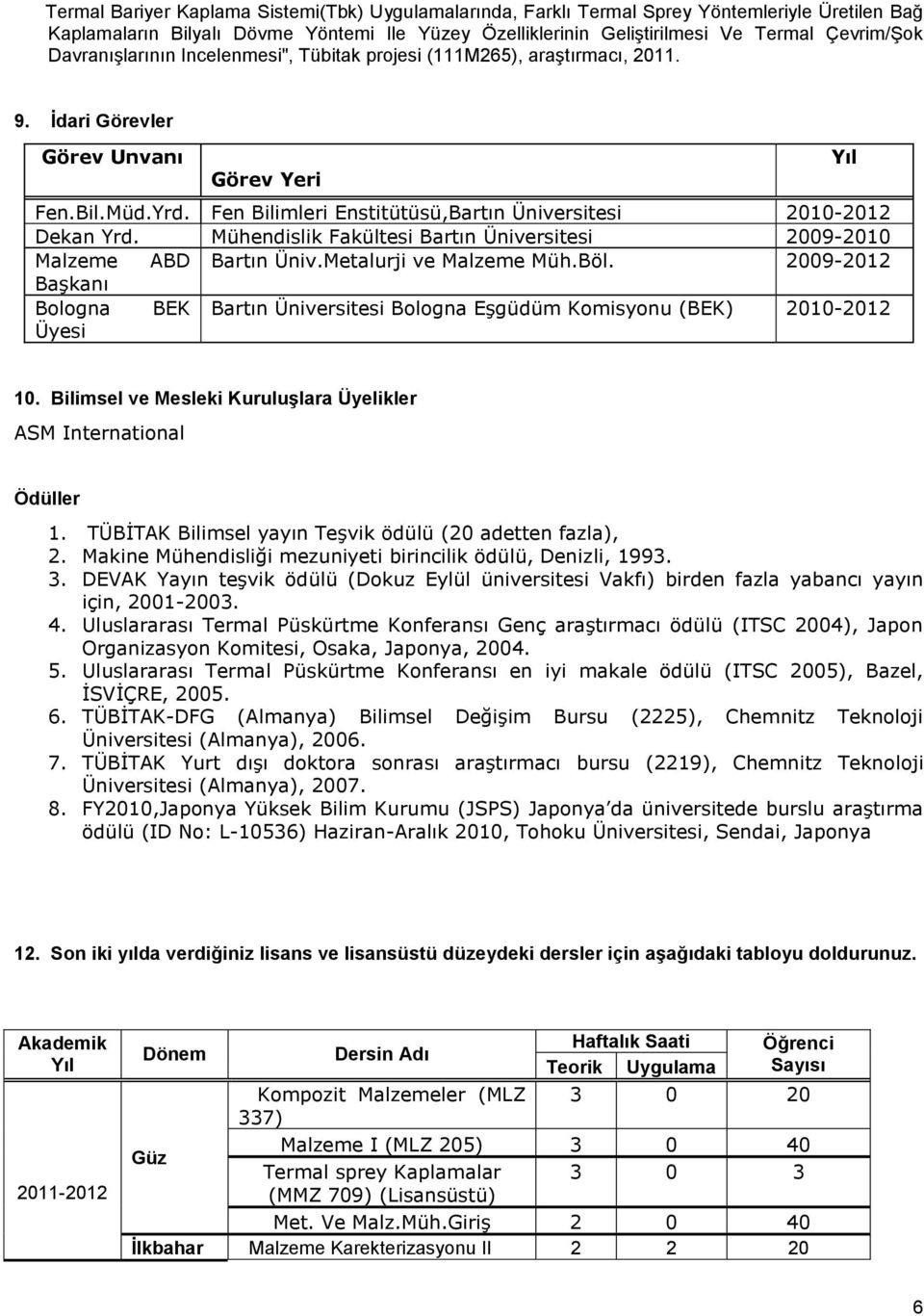 Fen Bilimleri Enstitütüsü,Bartın Üniversitesi 2010-2012 Dekan Yrd. Mühendislik Fakültesi Bartın Üniversitesi 2009-2010 Malzeme ABD Bartın Üniv.Metalurji ve Malzeme Müh.Böl.