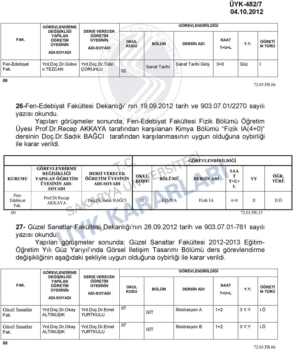 01/2270 sayılı yazısı Yapılan görüşmeler sonunda; Fen-Edebiyat Fakültesi Fizik Bölümü Öğretim Üyesi Prof.Dr.