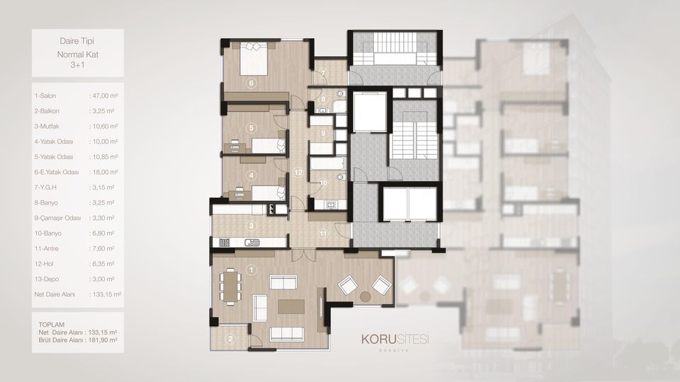 H : 18,00 m² : 3,15 m² 4 12 10 8-Banyo : 3,25 m² 9-Çamașır Odası 10-Banyo : 3,30 m² : 6,80 m² 3 11