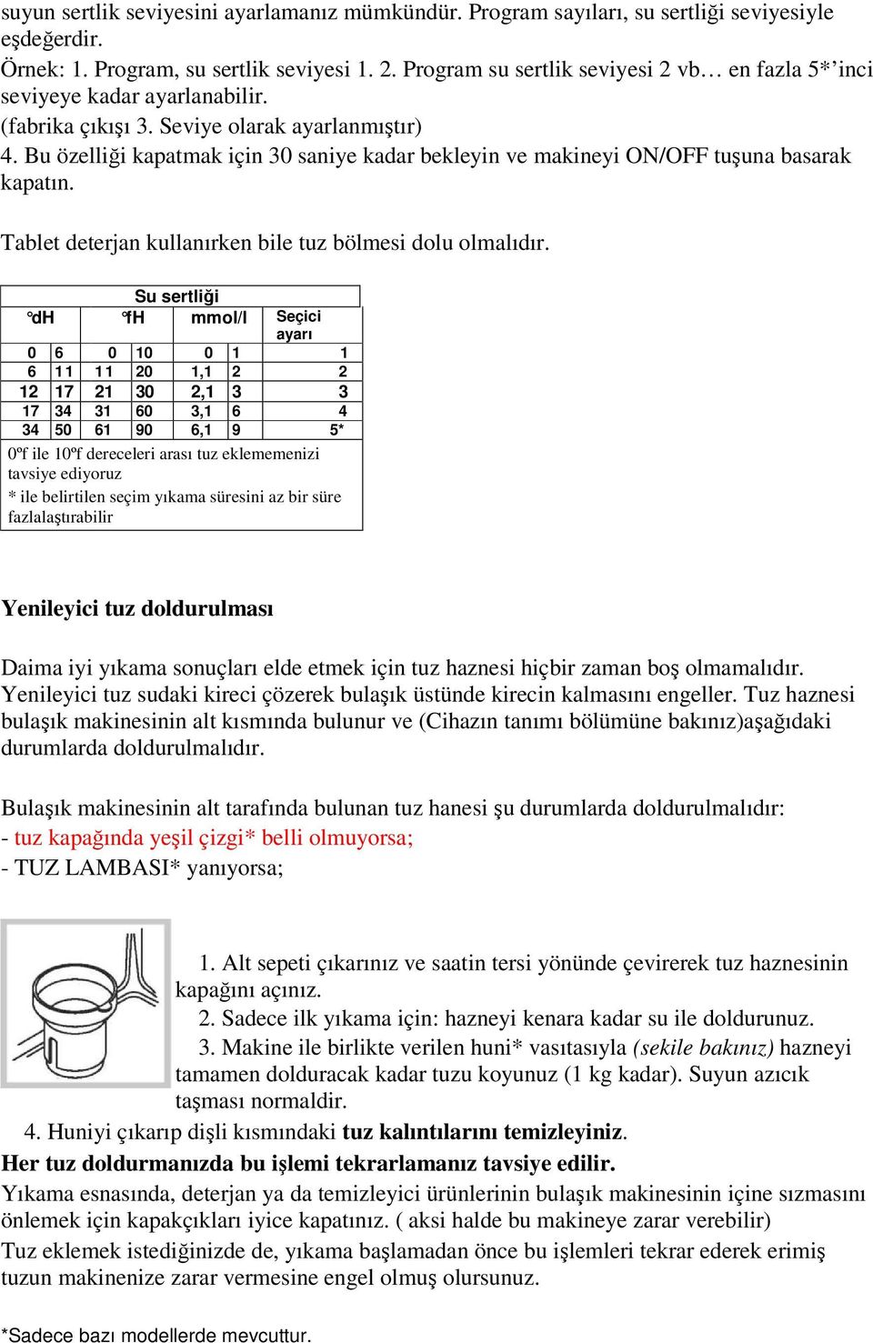 Bu özelliği kapatmak için 30 saniye kadar bekleyin ve makineyi ON/OFF tuşuna basarak kapatın. Tablet deterjan kullanırken bile tuz bölmesi dolu olmalıdır.