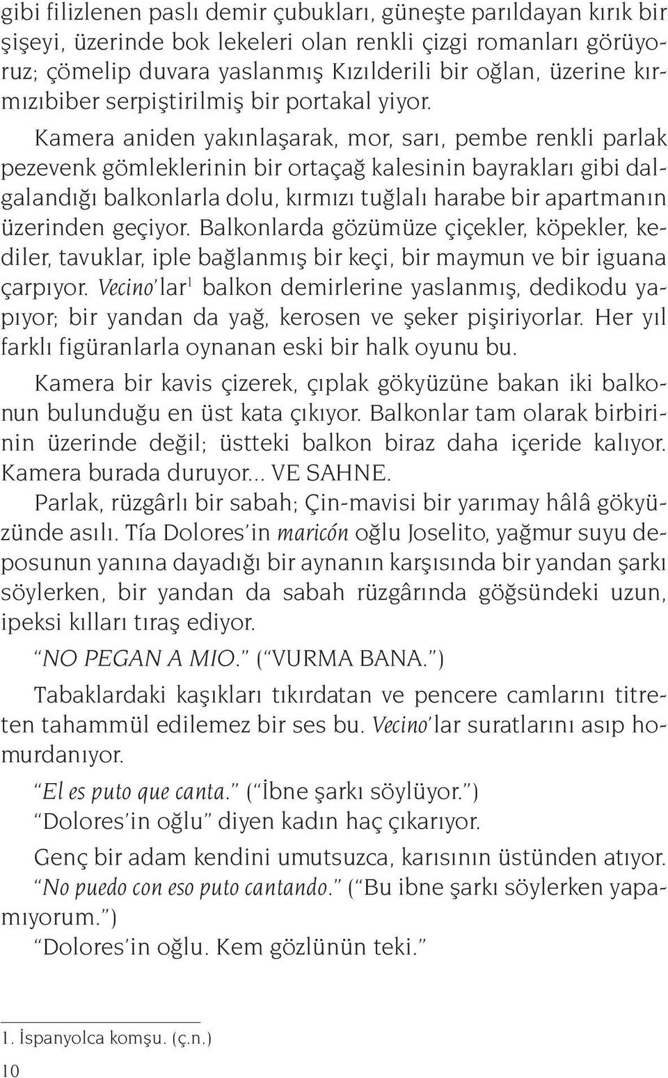 Kamera aniden yakınlaşarak, mor, sarı, pembe renkli parlak pezevenk gömleklerinin bir ortaçağ kalesinin bayrakları gibi dalgalandığı balkonlarla dolu, kırmızı tuğlalı harabe bir apartmanın üzerinden