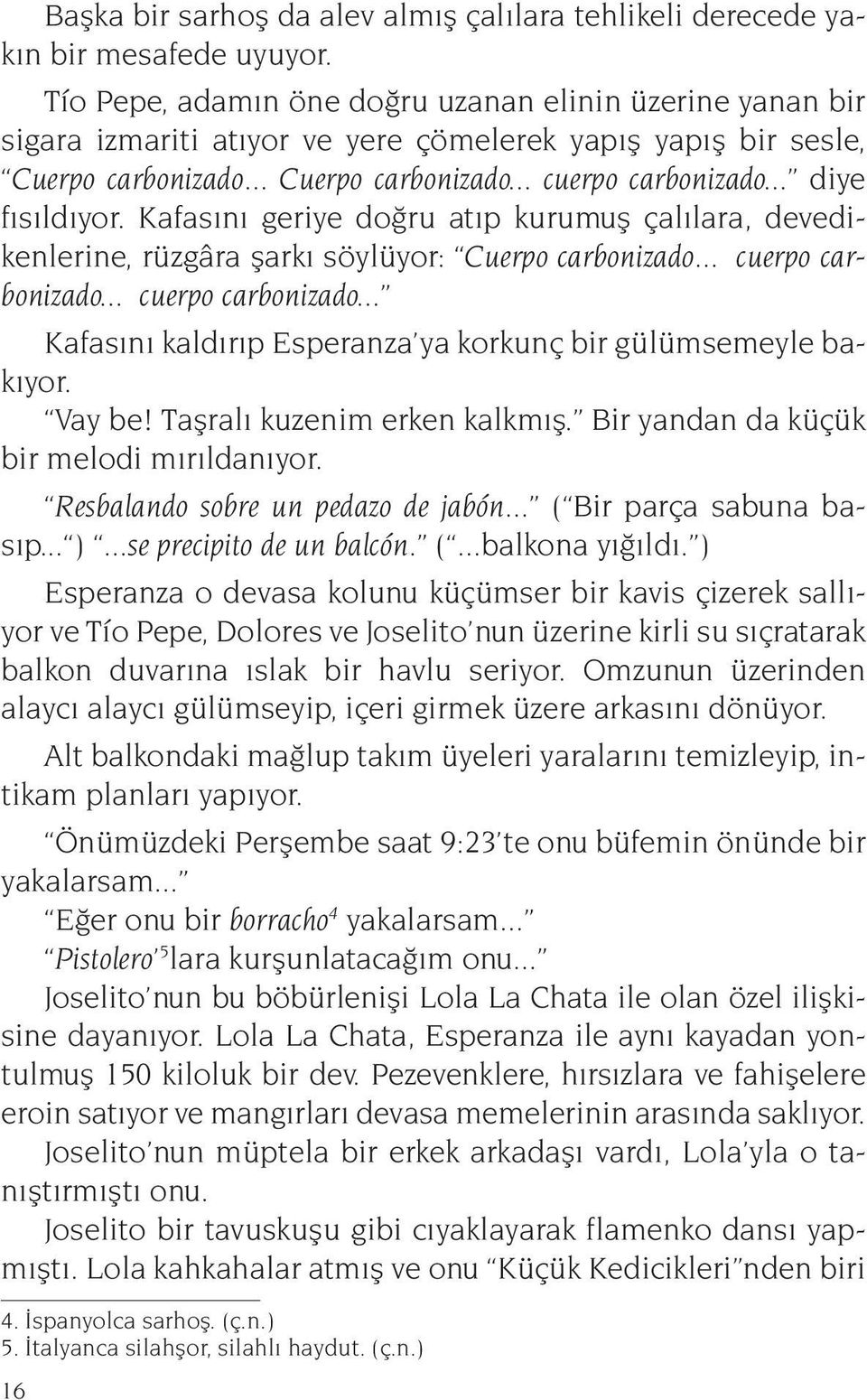 .. diye fısıldıyor. Kafasını geriye doğru atıp kurumuş çalılara, devedikenlerine, rüzgâra şarkı söylüyor: Cuerpo carbonizado... cuerpo carbonizado.