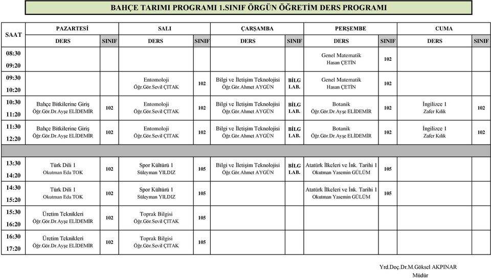 Gör.Ahmet AYGÜN LAB. Hasan ÇETİN 10:30 Bahçe Bitkilerine Giriş Entomoloji Bilgi ve İletişim Teknolojisi BİLG Botanik İngilizce 1 Öğr.Gör.Dr.