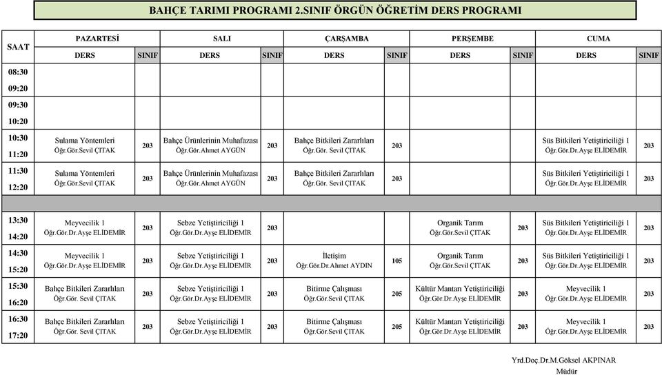 Gör.Dr.Ayşe ELİDEMİR Öğr.Gör.Dr.Ayşe ELİDEMİR Öğr.Gör.Sevil ÇITAK Öğr.Gör.Dr.Ayşe ELİDEMİR 14:30 Meyvecilik 1 Sebze Yetiştiriciliği 1 İletişim Organik Tarım Süs Bitkileri Yetiştiriciliği 1 Öğr.Gör.Dr.Ayşe ELİDEMİR Öğr.Gör.Dr.Ayşe ELİDEMİR Öğr.Gör.Dr.Ahmet AYDIN Öğr.