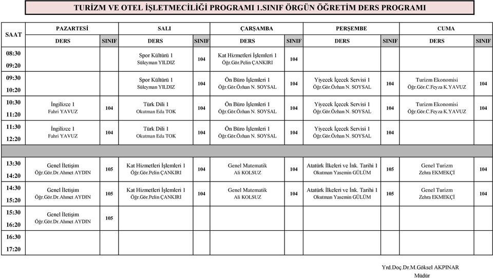 YAVUZ 10:30 İngilizce 1 Türk Dili 1 Ön Büro İşlemleri 1 Yiyecek İçecek Servisi 1 Turizm Ekonomisi Fahri YAVUZ Okutman Eda TOK Öğr.Gör.Özhan N. SOYSAL Öğr.Gör.Özhan N. SOYSAL Öğr.Gör.C.Feyza K.