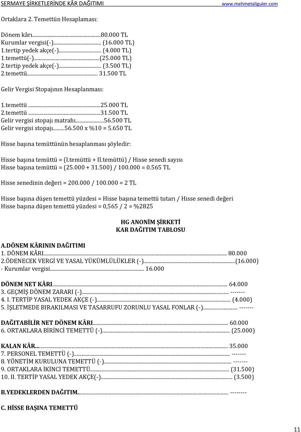 650 TL Hisse başına temüttünün hesaplanması şöyledir: Hisse başına temüttü = (I.temüttü + II.temüttü) / Hisse senedi sayısı Hisse başına temüttü = (25.000 + 31.500) / 100.000 = 0.