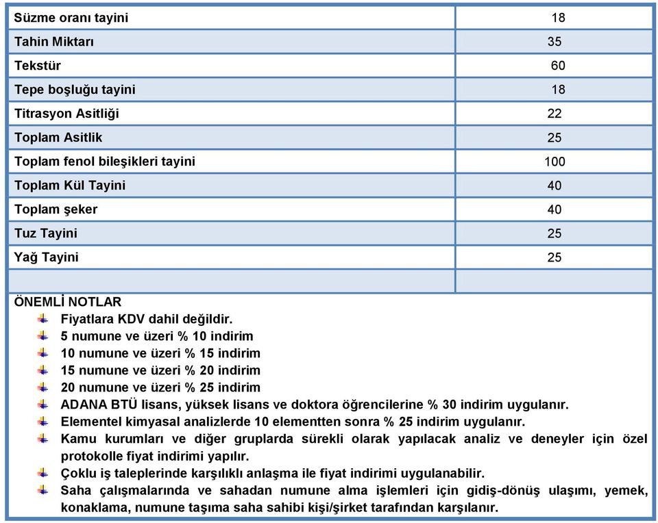 5 numune ve üzeri % 10 indirim 10 numune ve üzeri % 15 indirim 15 numune ve üzeri % 20 indirim 20 numune ve üzeri % 25 indirim ADANA BTÜ lisans, yüksek lisans ve doktora öğrencilerine % 30 indirim