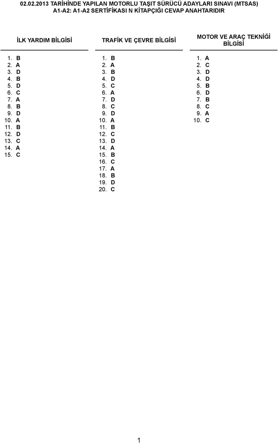 C İLK YARDIM BİLGİSİ TRAFİK VE ÇEVRE BİLGİSİ 1. B 2. A 3. B 4. D 5. C 6. A 7. D 8. C 9. D 10. A 11. B 12.