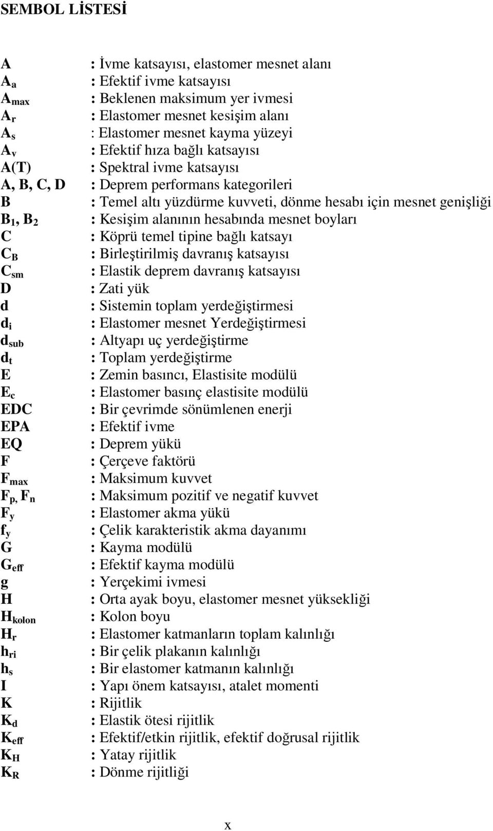 alanının hesabında mesnet boyları C : Köprü temel tipine bağlı katsayı C B : Birleştirilmiş davranış katsayısı C sm : Elastik deprem davranış katsayısı D : Zati yük d : Sistemin toplam