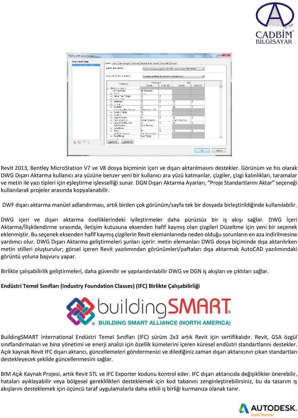 işlevselliği sunar. DGN Dışarı Aktarma Ayarları, Proje Standartlarını Aktar seçeneği kullanılarak projeler arasında kopyalanabilir.