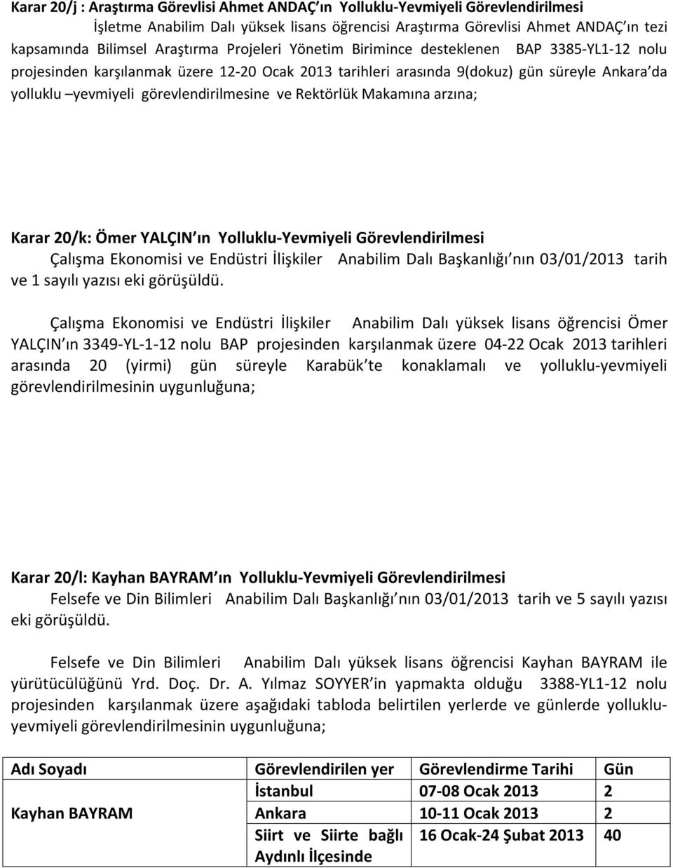 görevlendirilmesine ve Rektörlük Makamına arzına; Karar 20/k: Ömer YALÇIN ın Yolluklu-Yevmiyeli Görevlendirilmesi Çalışma Ekonomisi ve Endüstri İlişkiler Anabilim Dalı Başkanlığı nın 03/01/2013 tarih