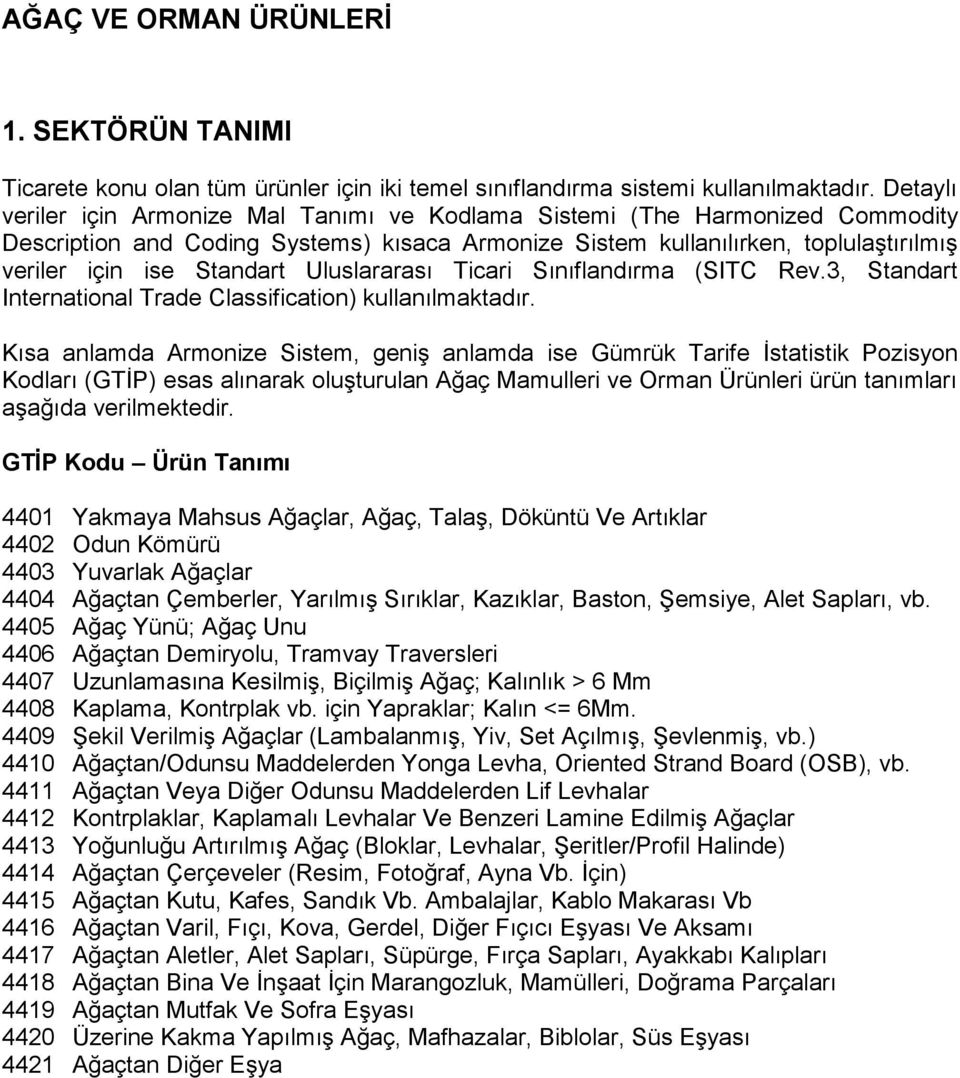 Uluslararası Ticari Sınıflandırma (SITC Rev.3, Standart International Trade Classification) kullanılmaktadır.