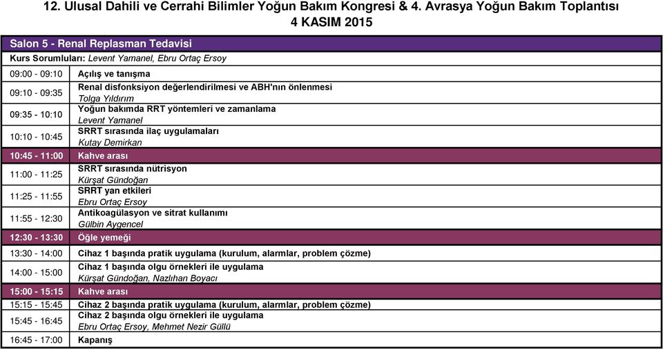 13:30-14:00 Cihaz 1 başında pratik uygulama (kurulum, alarmlar, problem çözme) 14:00-15:00 4 KASIM 2015 Salon 5 - Renal Replasman Tedavisi Kurs Sorumluları: Levent Yamanel, Ebru Ortaç Ersoy Cihaz 1