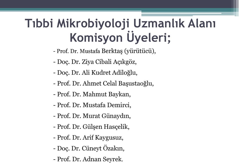 Dr. Ahmet Celal Başustaoğlu, - Prof. Dr. Mahmut Baykan, - Prof. Dr. Mustafa Demirci, - Prof. Dr. Murat Günaydın, - Prof.
