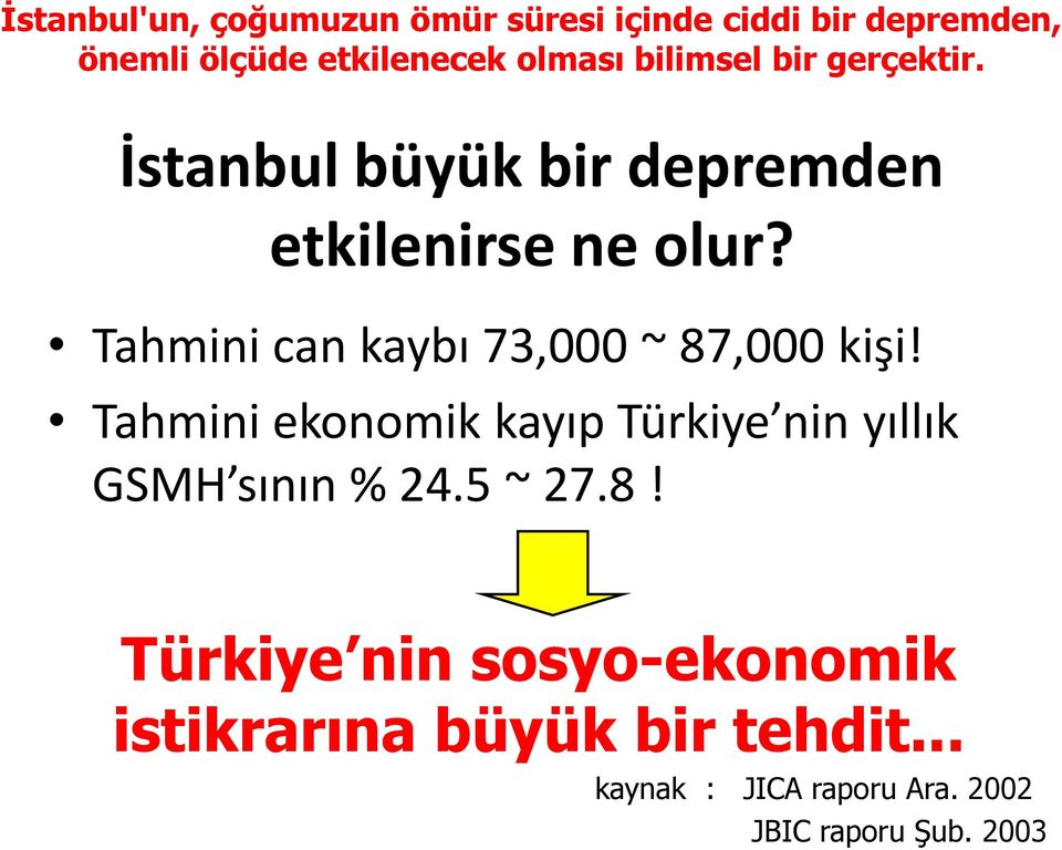 Tahmini can kaybı 73,000 ~ 87,000 kişi! Tahmini ekonomik kayıp Türkiye nin yıllık GSMH sının % 24.
