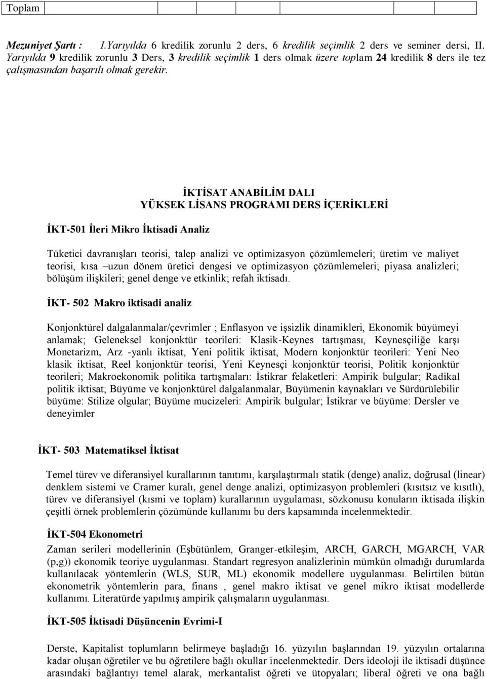 İKT-501 İleri Mikro İktisadi Analiz İKTİAT ANABİLİM DALI YÜKEK LİAN PROGRAMI DER İÇERİKLERİ Tüketici davranışları teorisi, talep analizi ve optimizasyon çözümlemeleri; üretim ve maliyet teorisi, kısa