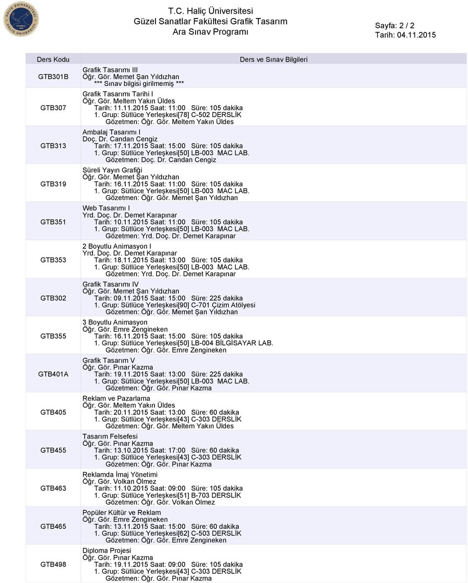 Dr. Candan Cengiz Tarih: 17.11.2015 Saat: 15:00 Süre: 105 dakika Gözetmen: Doç. Dr. Candan Cengiz Süreli Yayın Grafiği Tarih: 16.11.2015 Saat: 11:00 Süre: 105 dakika Gözetmen: Web Tasarımı I Yrd. Doç. Dr. Demet Karapınar Tarih: 10.