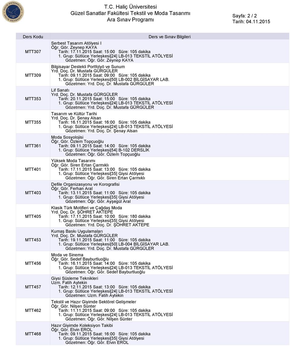 Lif Sanatı Tarih: 20.11.2015 Saat: 15:00 Süre: 105 dakika Tasarım ve Kültür Tarihi Tarih: 16.11.2015 Saat: 16:00 Süre: 105 dakika Gözetmen: Moda Sosyolojisi Öğr. Gör. Özlem Topçuoğlu Tarih: 09.11.2015 Saat: 14:00 Süre: 105 dakika 1.