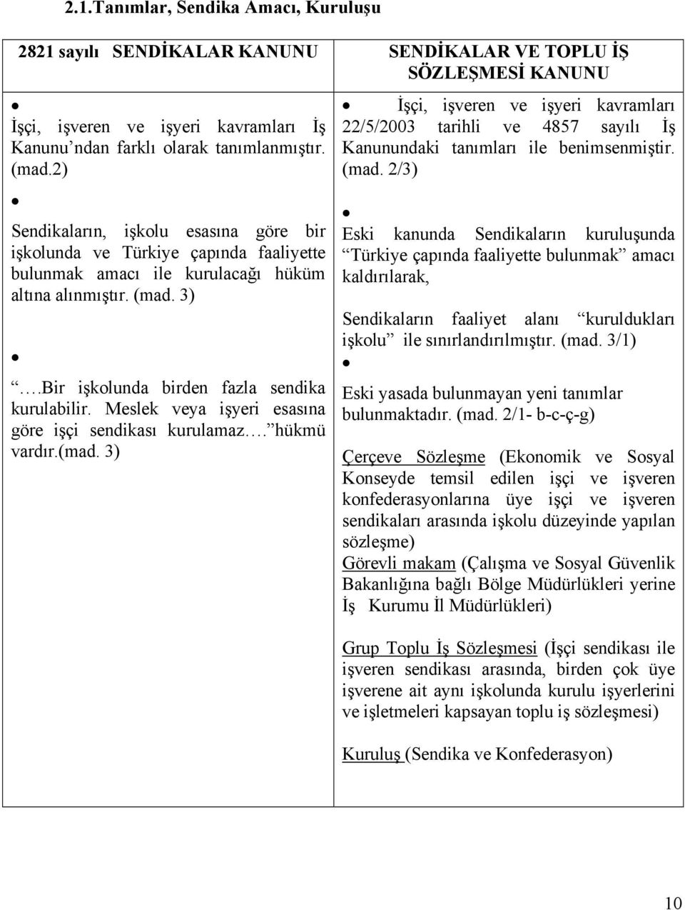 Meslek veya işyeri esasına göre işçi sendikası kurulamaz. hükmü vardır.(mad. 3) İşçi, işveren ve işyeri kavramları 22/5/2003 tarihli ve 4857 sayılı İş Kanunundaki tanımları ile benimsenmiştir. (mad.