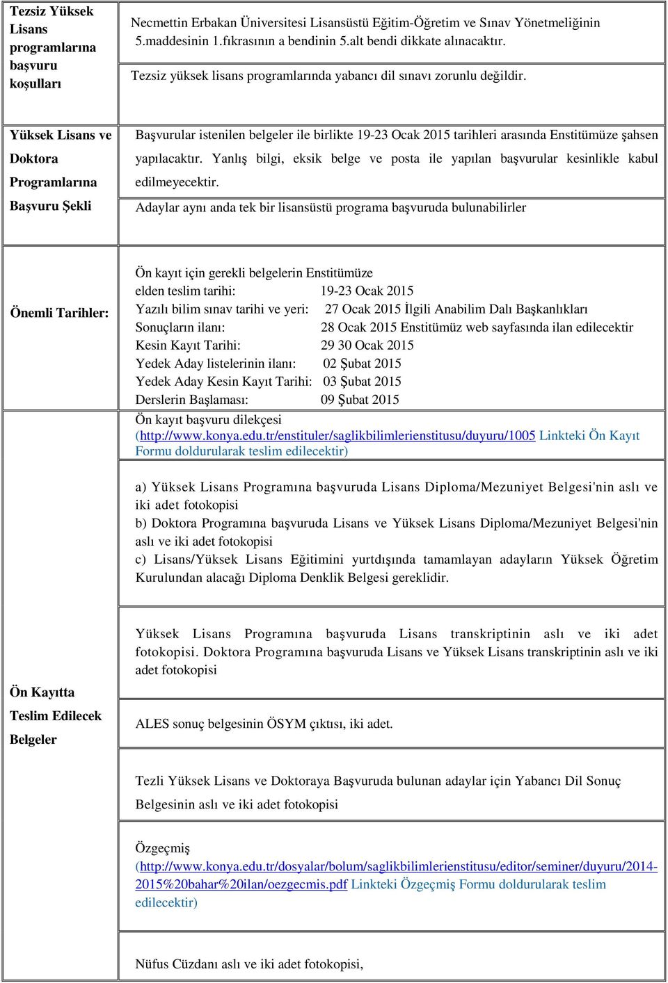 Yüksek Lisans ve Programlarına Başvuru Şekli Başvurular istenilen belgeler ile birlikte 19-23 Ocak 2015 tarihleri arasında Enstitümüze şahsen yapılacaktır.