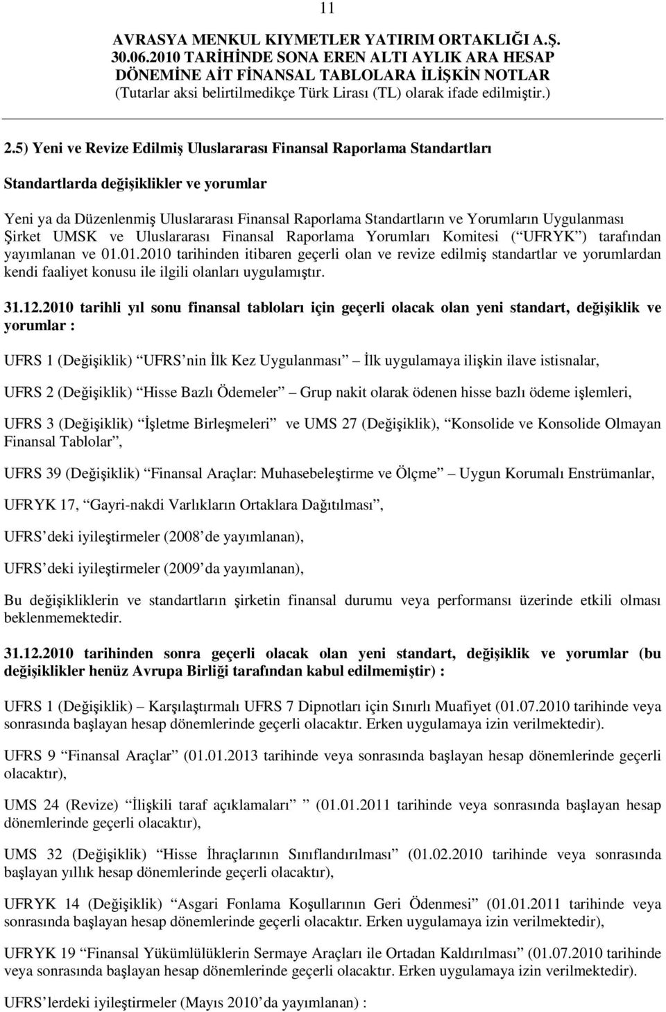 01.2010 tarihinden itibaren geçerli olan ve revize edilmiş standartlar ve yorumlardan kendi faaliyet konusu ile ilgili olanları uygulamıştır. 31.12.