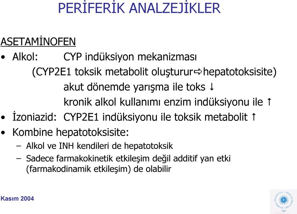 İzoniazid: CYP2E1 indüksiyonu ile toksik metabolit Kombine hepatotoksisite: Alkol ve INH kendileri de