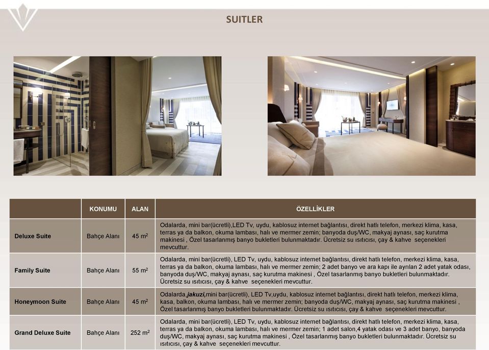 Family Suite Bahçe Alanı 55 m 2 terras ya da balkon, okuma lambası, halı ve mermer zemin; 2 adet banyo ve ara kapı ile ayrılan 2 adet yatak odası, banyoda duş/wc, makyaj aynası, saç kurutma makinesi,