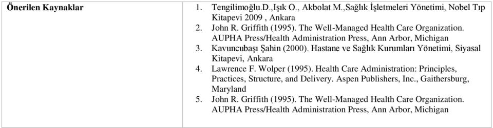 Hastane ve Sağlık Kurumları Yönetimi, Siyasal Kitapevi, Ankara 4. Lawrence F. Wolper (1995).