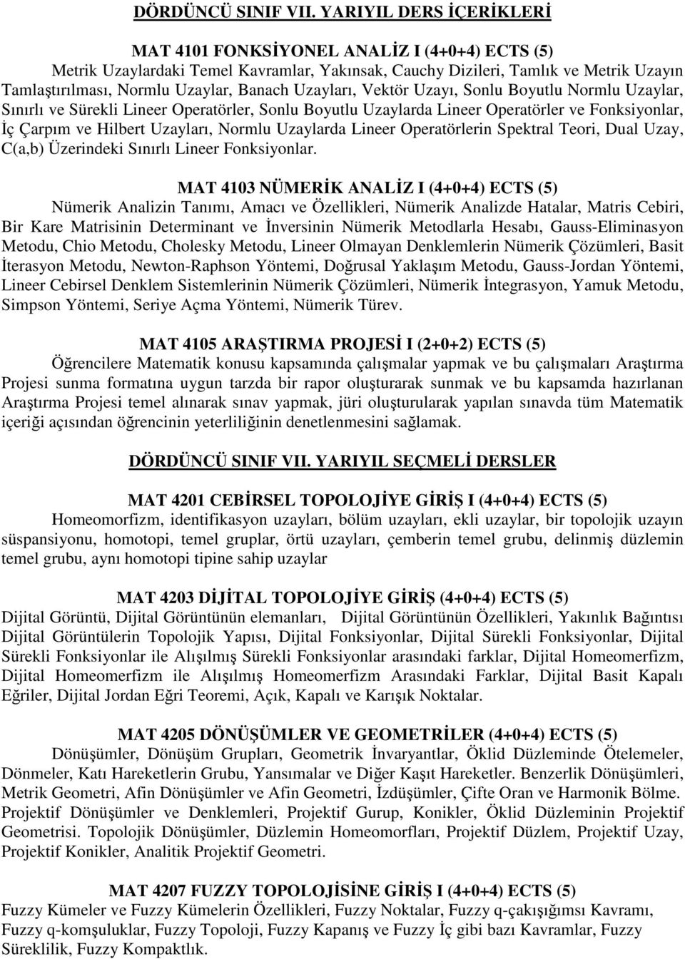 Uzayları, Vektör Uzayı, Sonlu Boyutlu Normlu Uzaylar, Sınırlı ve Sürekli Lineer Operatörler, Sonlu Boyutlu Uzaylarda Lineer Operatörler ve Fonksiyonlar, Đç Çarpım ve Hilbert Uzayları, Normlu