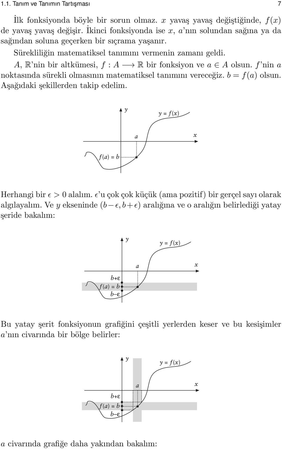 A, R nin bir altkümesi, f : A R bir fonksiyon ve a A olsun. f nin a noktasında sürekli olmasının matematiksel tanımını vereceğiz. b = f(a) olsun. Aşağıdaki şekillerden takip edelim.