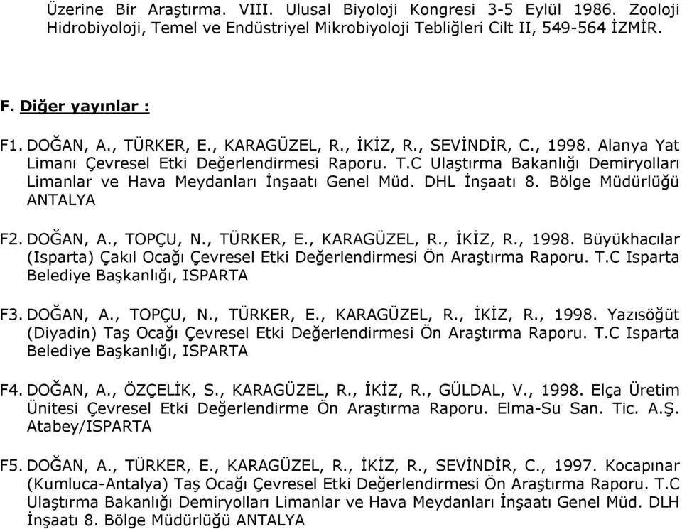 DHL İnşaatı 8. Bölge Müdürlüğü ANTALYA F2. DOĞAN, A., TOPÇU, N., TÜRKER, E., KARAGÜZEL, R., İKİZ, R., 1998. Büyükhacılar (Isparta) Çakıl Ocağı Çevresel Etki Değerlendirmesi Ön Araştırma Raporu. T.C Isparta Belediye Başkanlığı, ISPARTA F3.