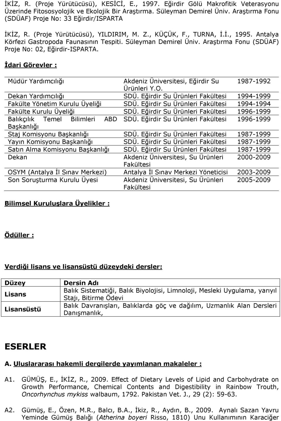 Araştırma Fonu (SDÜAF) Proje No: 02, Eğirdir-ISPARTA. İdari Görevler : Müdür Yardımcılığı Akdeniz Üniversitesi, Eğirdir Su 1987-1992 Ürünleri Y.O. Dekan Yardımcılığı SDÜ.