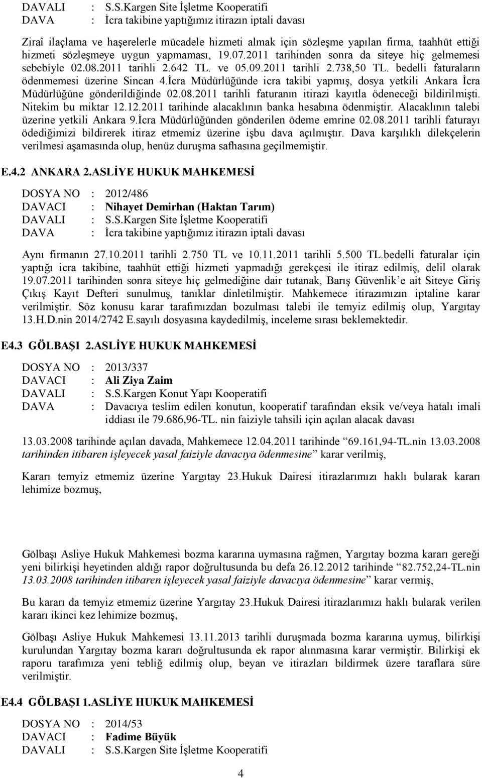 uygun yapmaması, 19.07.2011 tarihinden sonra da siteye hiç gelmemesi sebebiyle 02.08.2011 tarihli 2.642 TL. ve 05.09.2011 tarihli 2.738,50 TL. bedelli faturaların ödenmemesi üzerine Sincan 4.