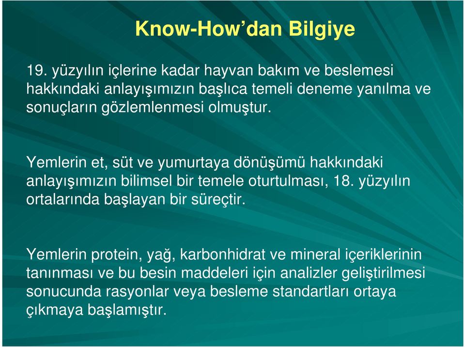 gözlemlenmesi olmuştur. Yemlerin et, süt ve yumurtaya dönüşümü hakkındaki anlayışımızın bilimsel bir temele oturtulması, 18.