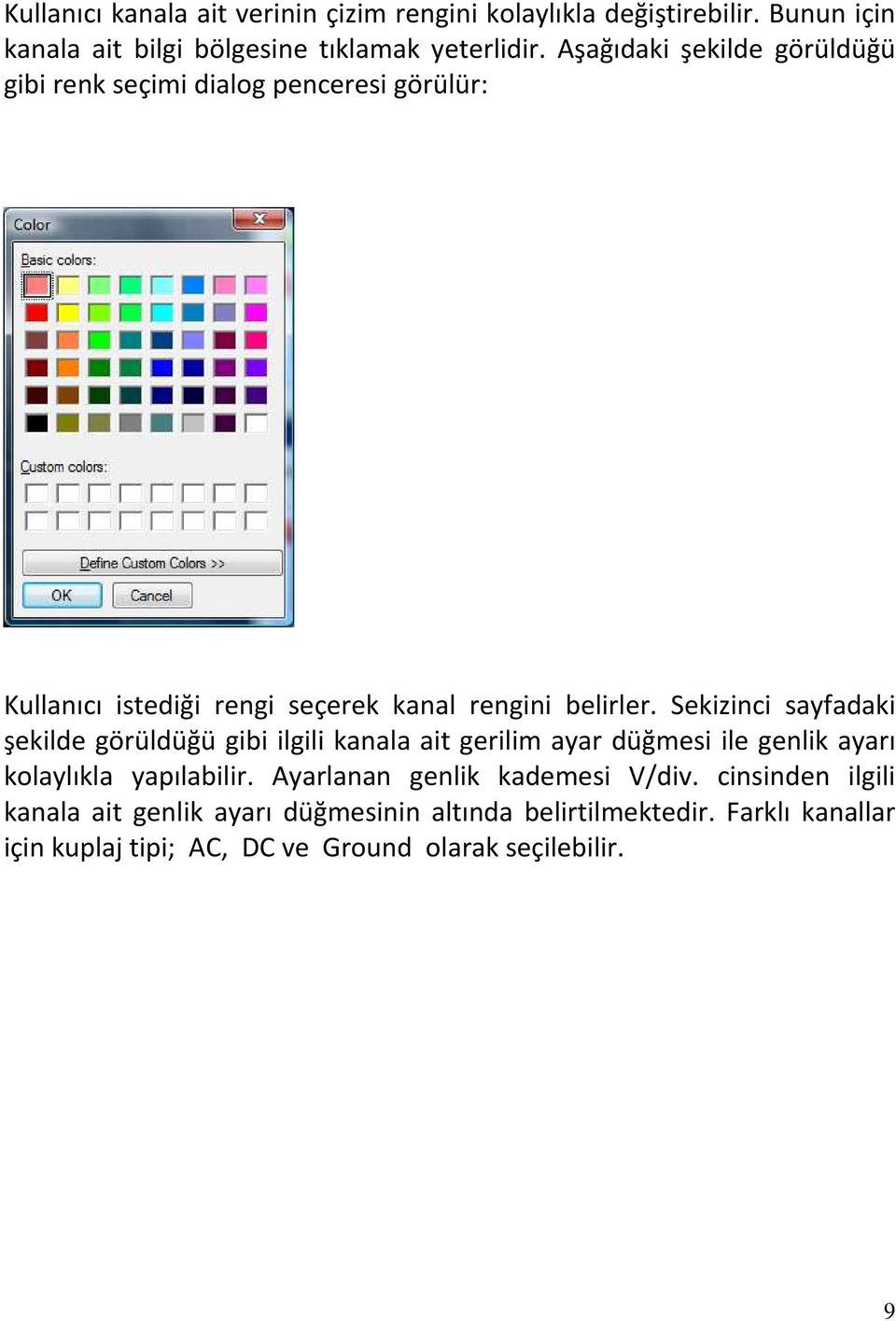 Sekizinci sayfadaki şekilde görüldüğü gibi ilgili kanala ait gerilim ayar düğmesi ile genlik ayarı kolaylıkla yapılabilir.