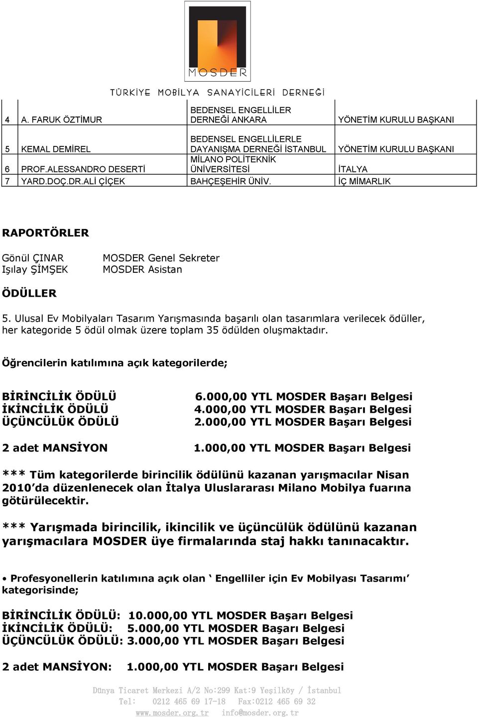 Ulusal Ev Mobilyaları Tasarım Yarışmasında başarılı olan tasarımlara verilecek ödüller, her kategoride 5 ödül olmak üzere toplam 35 ödülden oluşmaktadır.