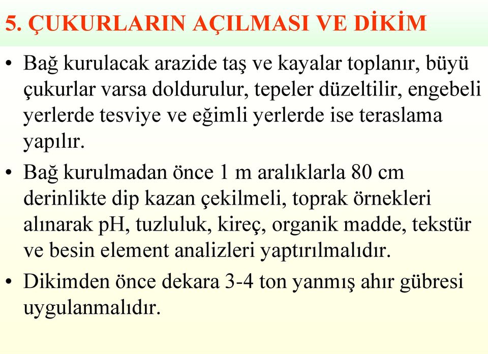 Bağ kurulmadan önce 1 m aralıklarla 80 cm derinlikte dip kazan çekilmeli, toprak örnekleri alınarak ph,